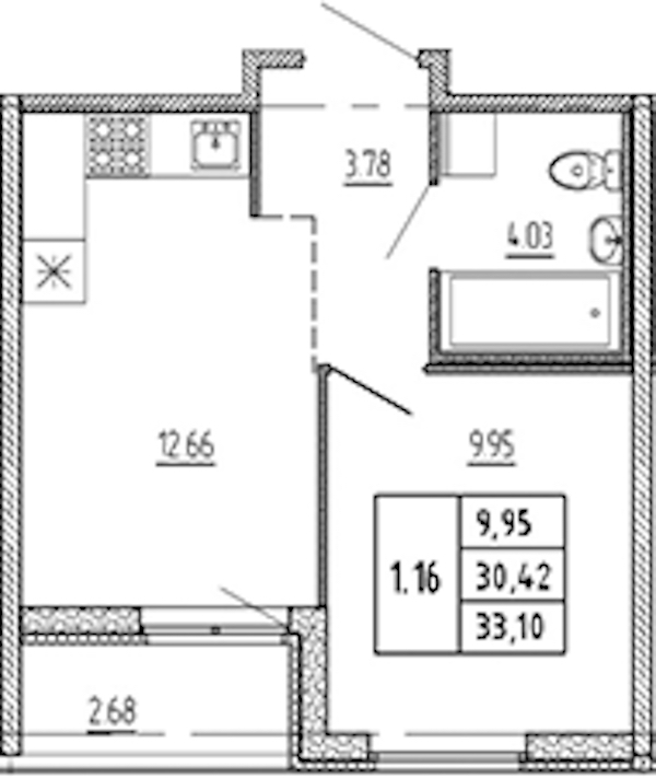 1-комнатная квартира 30.42 м², 4/22 эт., ЖК «Новые горизонты 2»